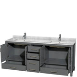 Sheffield 80 Inch Double Bathroom Vanity in Espresso, White Carrara Marble Countertop, Undermount Square Sinks, and No Mirror