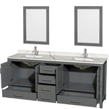 Sheffield 80 Inch Double Bathroom Vanity in Gray, Calacatta Quartz Countertop, Undermount Square Sinks, 24 Inch Mirrors