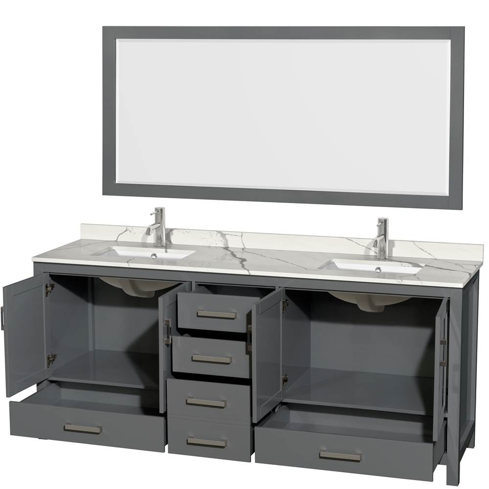 Sheffield 80 Inch Double Bathroom Vanity in Gray, Calacatta Quartz Countertop, Undermount Square Sinks, 70 Inch Mirror
