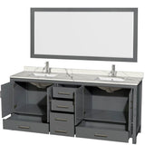 Sheffield 80 Inch Double Bathroom Vanity in Gray, Calacatta Quartz Countertop, Undermount Square Sinks, 70 Inch Mirror