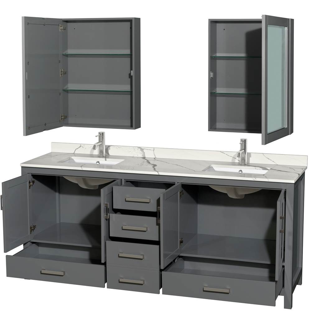 Sheffield 80 Inch Double Bathroom Vanity in Gray, Calacatta Quartz Countertop, Undermount Square Sinks, Medicine Cabinets
