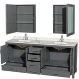 Sheffield 80 Inch Double Bathroom Vanity in Gray, Calacatta Quartz Countertop, Undermount Square Sinks, Medicine Cabinets
