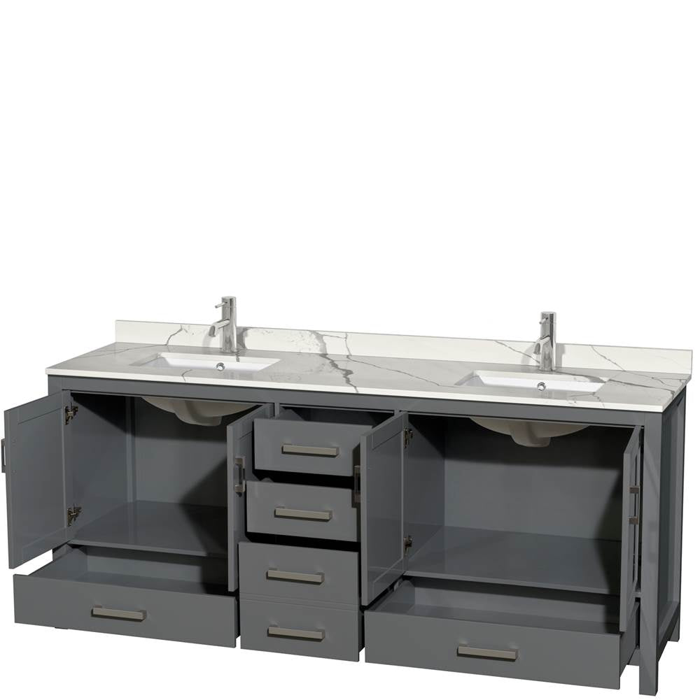 Sheffield 80 Inch Double Bathroom Vanity in Gray, Calacatta Quartz Countertop, Undermount Square Sinks, No Mirror