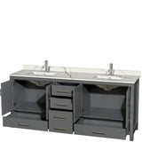 Sheffield 80 Inch Double Bathroom Vanity in Gray, Calacatta Quartz Countertop, Undermount Square Sinks, No Mirror