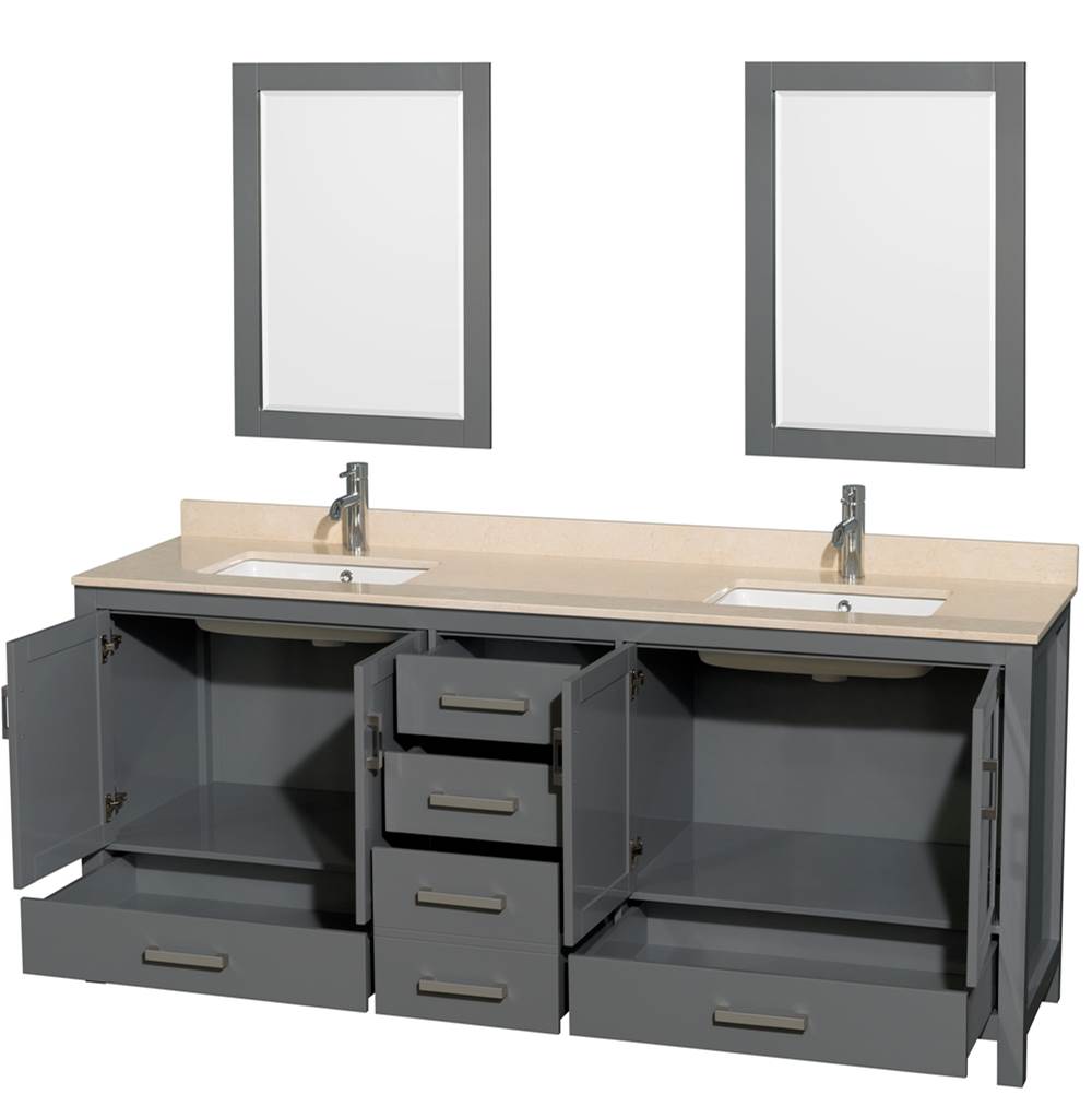 Sheffield 80 Inch Double Bathroom Vanity in Espresso, Ivory Marble Countertop, Undermount Square Sinks, and 24 Inch Mirrors