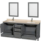 Sheffield 80 Inch Double Bathroom Vanity in Espresso, Ivory Marble Countertop, Undermount Square Sinks, and 24 Inch Mirrors