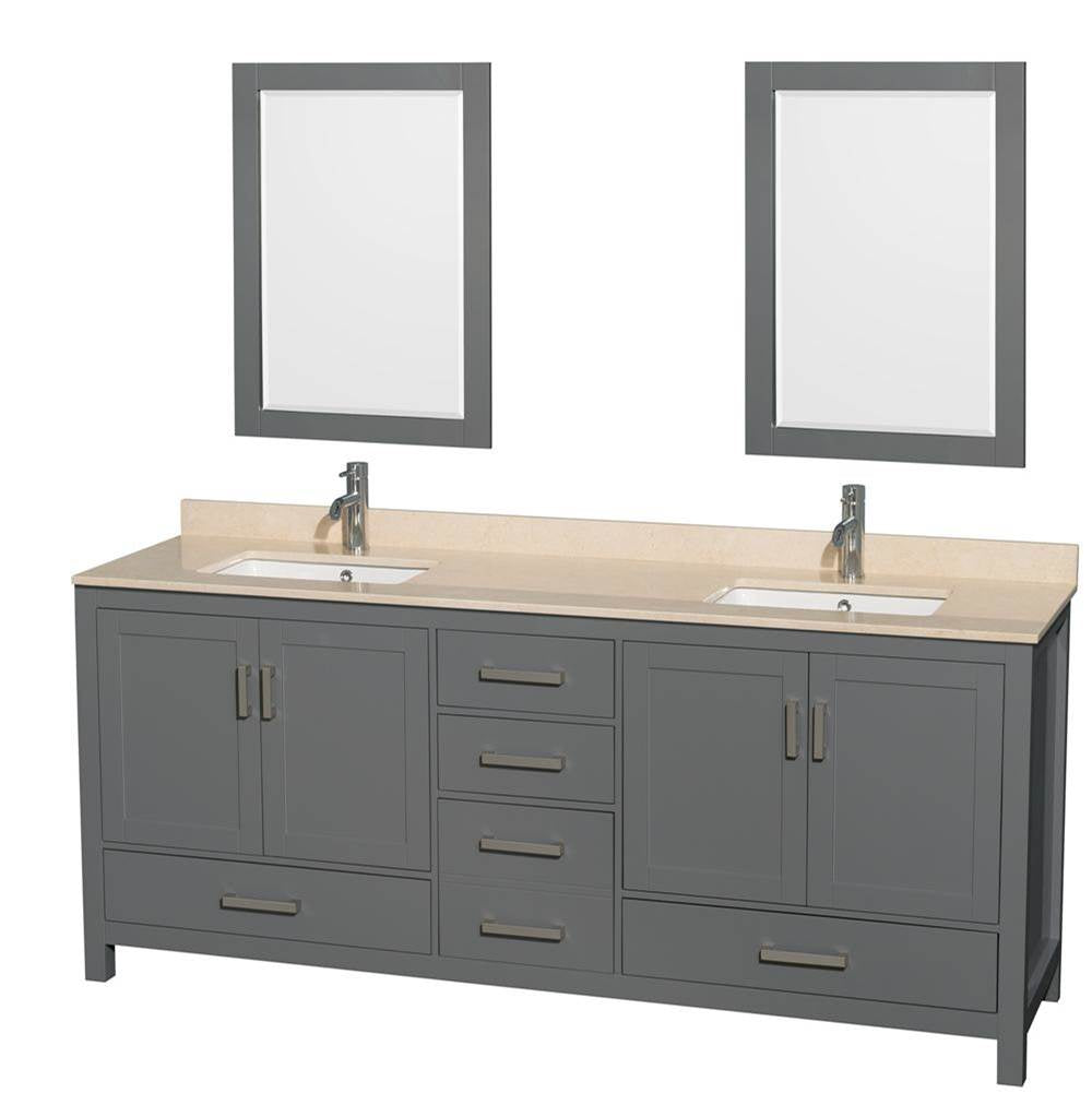 Wyndham Collection - Sheffield 80 Inch Double Bathroom Vanity in Dark Gray, Ivory Marble Countertop, Undermount Square Sinks, and 24 Inch Mirrors - Dark Gray