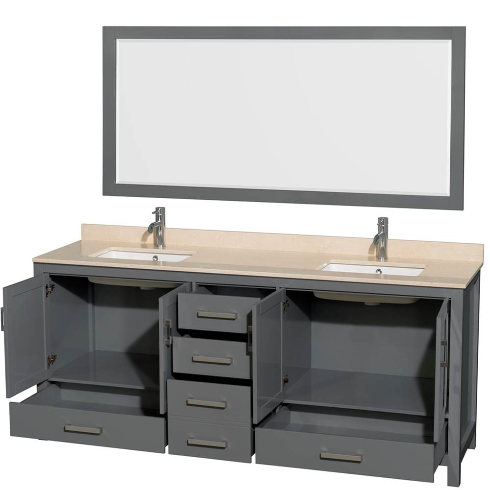 Sheffield 80 Inch Double Bathroom Vanity in Espresso, Ivory Marble Countertop, Undermount Square Sinks, and 70 Inch Mirror