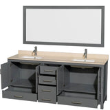 Sheffield 80 Inch Double Bathroom Vanity in Espresso, Ivory Marble Countertop, Undermount Square Sinks, and 70 Inch Mirror