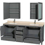 Sheffield 80 Inch Double Bathroom Vanity in Espresso, Ivory Marble Countertop, Undermount Square Sinks, and Medicine Cabinets