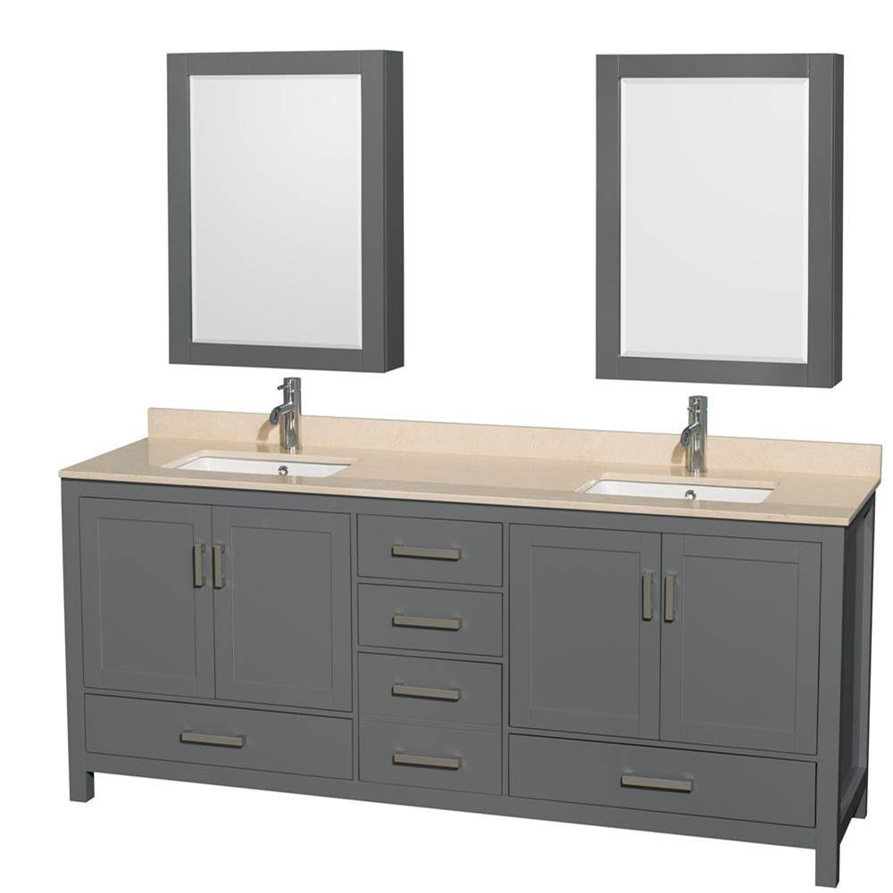 Wyndham Collection - Sheffield 80 Inch Double Bathroom Vanity in Dark Gray, Ivory Marble Countertop, Undermount Square Sinks, and Medicine Cabinets - Dark Gray