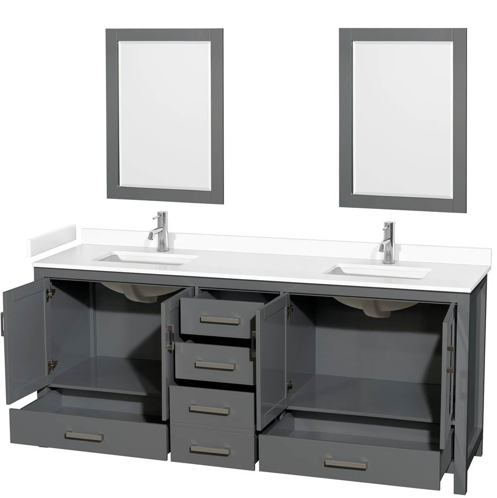 Sheffield 80 Inch Double Bathroom Vanity in Dark Gray, White Cultured Marble Countertop, Undermount Square Sinks, 24 Inch Mirrors