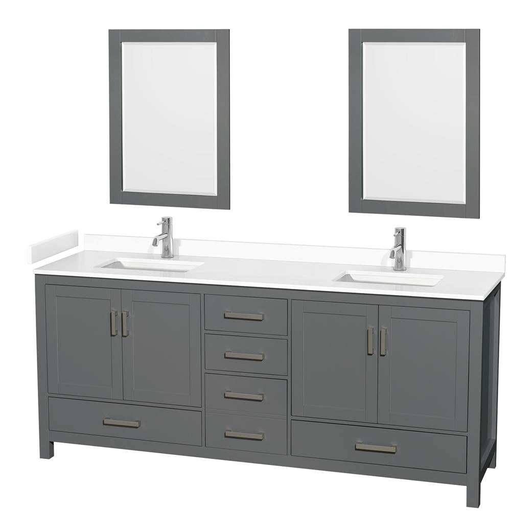 Wyndham Collection - Sheffield 80 Inch Double Bathroom Vanity in Dark Gray, White Cultured Marble Countertop, Undermount Square Sinks, 24 Inch Mirrors