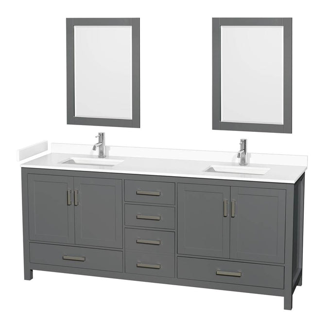 Wyndham Collection - Sheffield 80 Inch Double Bathroom Vanity in Dark Gray, White Cultured Marble Countertop, Undermount Square Sinks, 24 Inch Mirrors