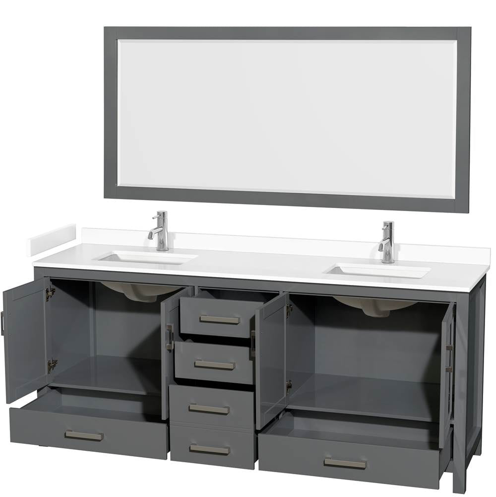 Sheffield 80 Inch Double Bathroom Vanity in Dark Gray, White Cultured Marble Countertop, Undermount Square Sinks, 70 Inch Mirror