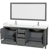 Sheffield 80 Inch Double Bathroom Vanity in Dark Gray, White Cultured Marble Countertop, Undermount Square Sinks, 70 Inch Mirror