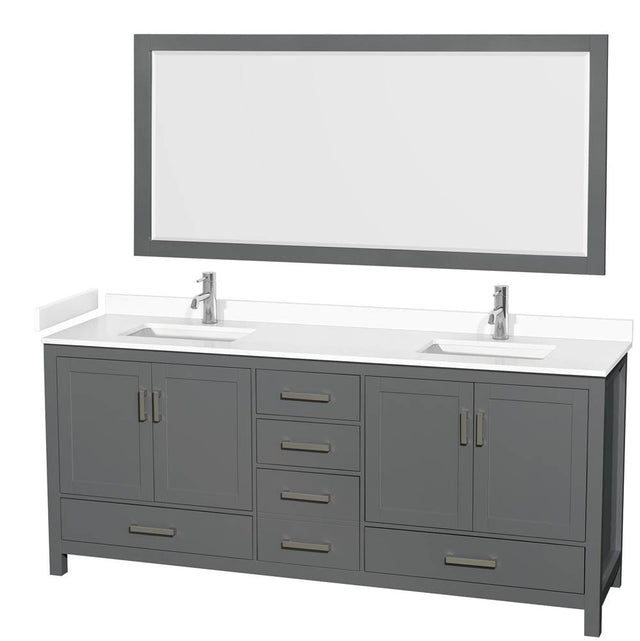 Wyndham Collection - Sheffield 80 Inch Double Bathroom Vanity in Dark Gray, White Cultured Marble Countertop, Undermount Square Sinks, 70 Inch Mirror