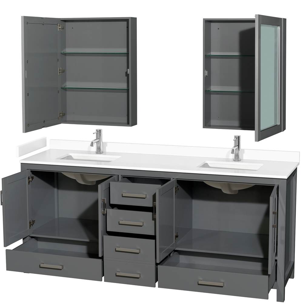 Sheffield 80 Inch Double Bathroom Vanity in Dark Gray, White Cultured Marble Countertop, Undermount Square Sinks, Medicine Cabinets