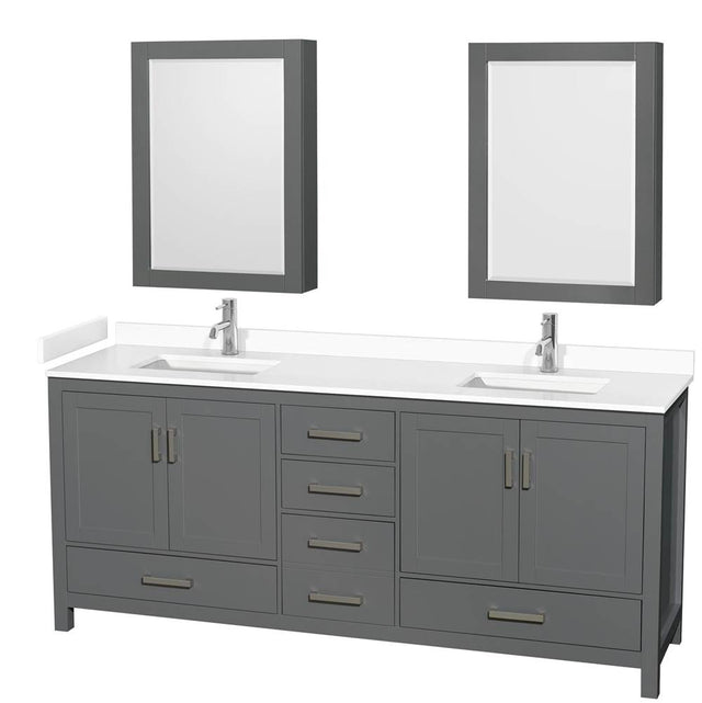 Wyndham Collection - Sheffield 80 Inch Double Bathroom Vanity in Dark Gray, White Cultured Marble Countertop, Undermount Square Sinks, Medicine Cabinets