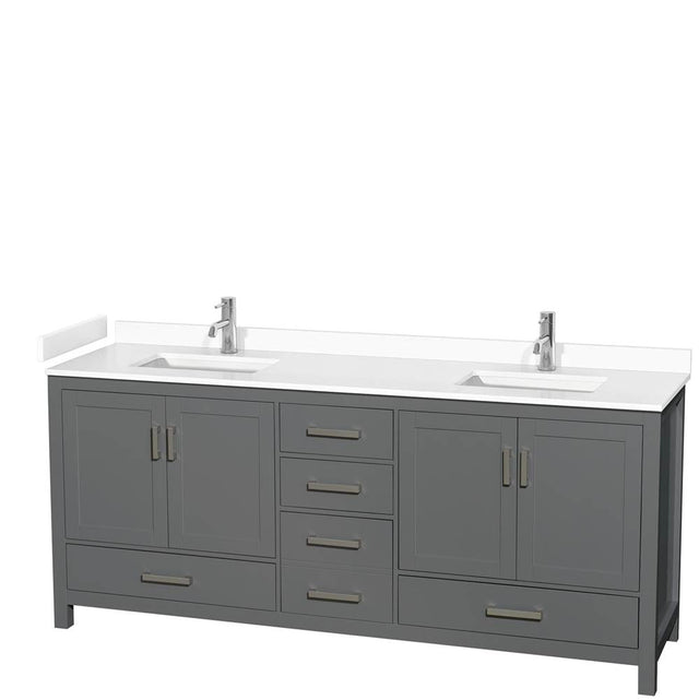 Wyndham Collection - Sheffield 80 Inch Double Bathroom Vanity in Dark Gray, White Cultured Marble Countertop, Undermount Square Sinks, No Mirror