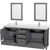 Sheffield 80 Inch Double Bathroom Vanity in Gray, White Quartz Countertop, Undermount Square Sinks, 24 Inch Mirrors