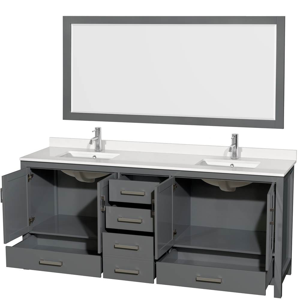 Sheffield 80 Inch Double Bathroom Vanity in Gray, White Quartz Countertop, Undermount Square Sinks, 70 Inch Mirror