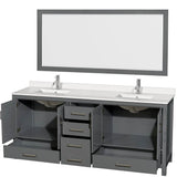 Sheffield 80 Inch Double Bathroom Vanity in Gray, White Quartz Countertop, Undermount Square Sinks, 70 Inch Mirror