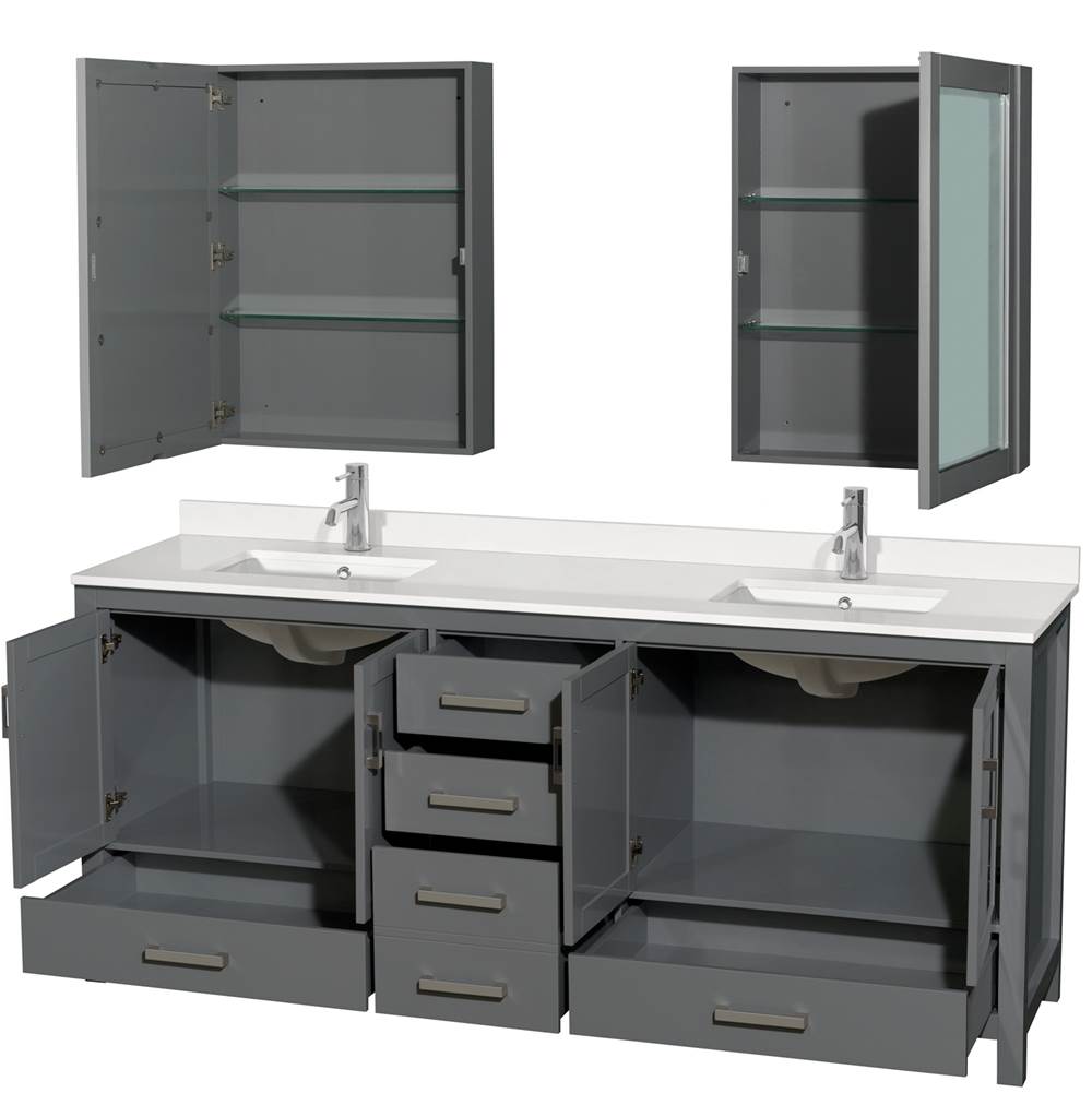 Sheffield 80 Inch Double Bathroom Vanity in Gray, White Quartz Countertop, Undermount Square Sinks, Medicine Cabinets