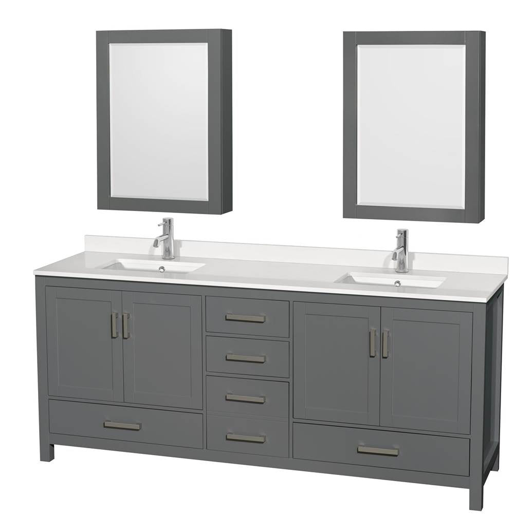 Wyndham Collection - Sheffield 80 Inch Double Bathroom Vanity in Dark Gray, White Quartz Countertop, Undermount Square Sinks, Medicine Cabinets - Dark Gray