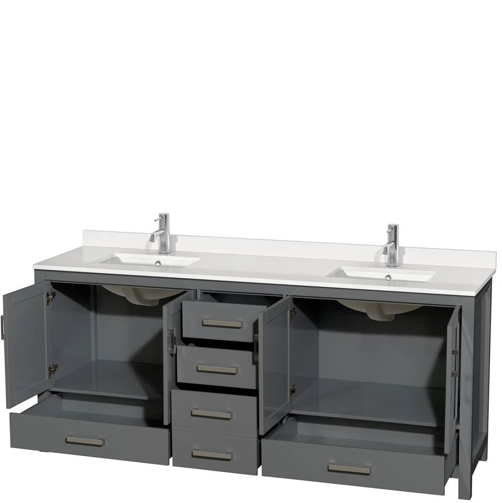 Sheffield 80 Inch Double Bathroom Vanity in Gray, White Quartz Countertop, Undermount Square Sinks, No Mirror