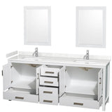 Sheffield 80 Inch Double Bathroom Vanity in White, Carrara Cultured Marble Countertop, Undermount Square Sinks, 24 Inch Mirrors