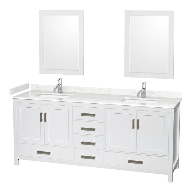 Wyndham Collection - Sheffield 80 Inch Double Bathroom Vanity in White, Carrara Cultured Marble Countertop, Undermount Square Sinks, 24 Inch Mirrors