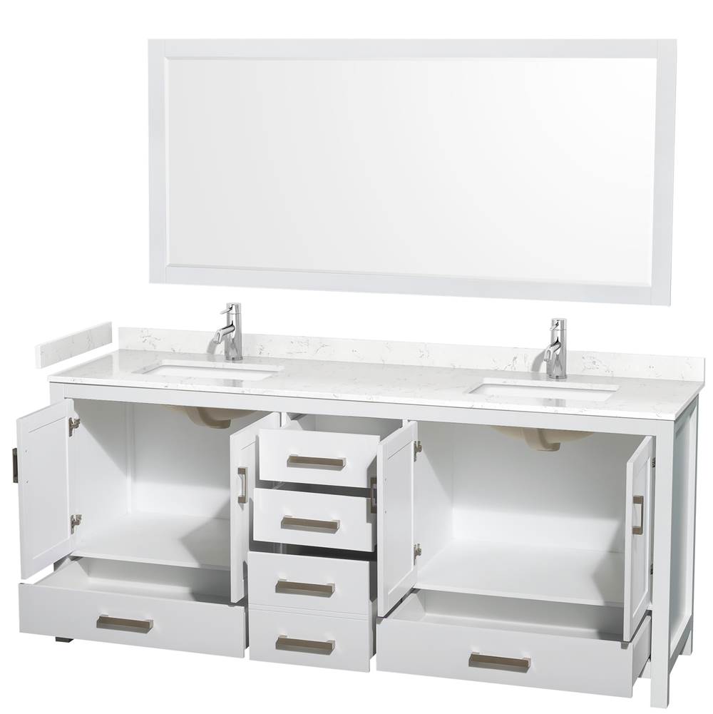 Sheffield 80 Inch Double Bathroom Vanity in White, Carrara Cultured Marble Countertop, Undermount Square Sinks, 70 Inch Mirror