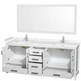 Sheffield 80 Inch Double Bathroom Vanity in White, Carrara Cultured Marble Countertop, Undermount Square Sinks, 70 Inch Mirror