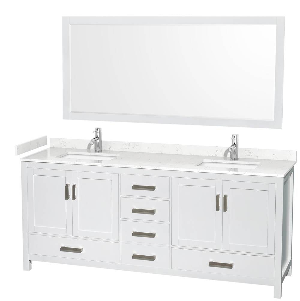 Wyndham Collection - Sheffield 80 Inch Double Bathroom Vanity in White, Carrara Cultured Marble Countertop, Undermount Square Sinks, 70 Inch Mirror