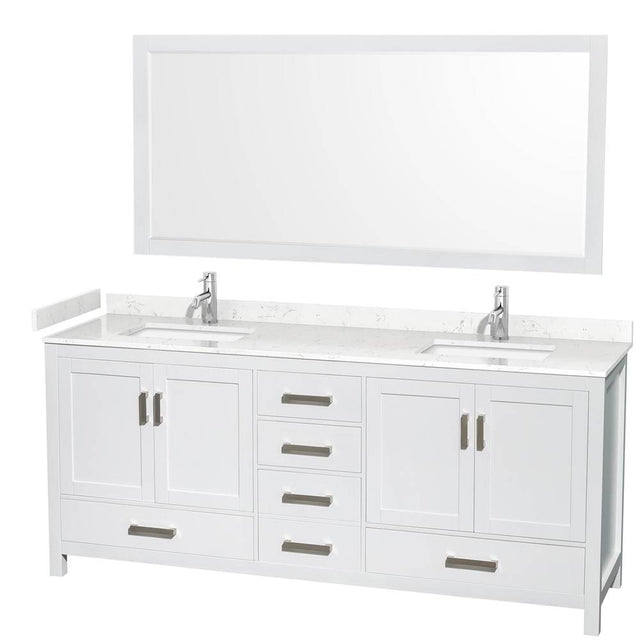 Wyndham Collection - Sheffield 80 Inch Double Bathroom Vanity in White, Carrara Cultured Marble Countertop, Undermount Square Sinks, 70 Inch Mirror