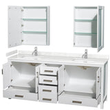 Sheffield 80 Inch Double Bathroom Vanity in White, Carrara Cultured Marble Countertop, Undermount Square Sinks, Medicine Cabinets