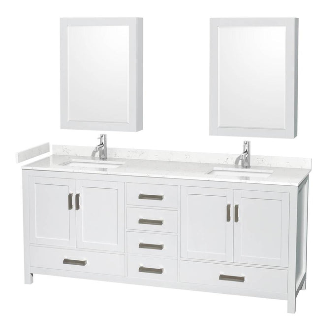 Wyndham Collection - Sheffield 80 Inch Double Bathroom Vanity in White, Carrara Cultured Marble Countertop, Undermount Square Sinks, Medicine Cabinets