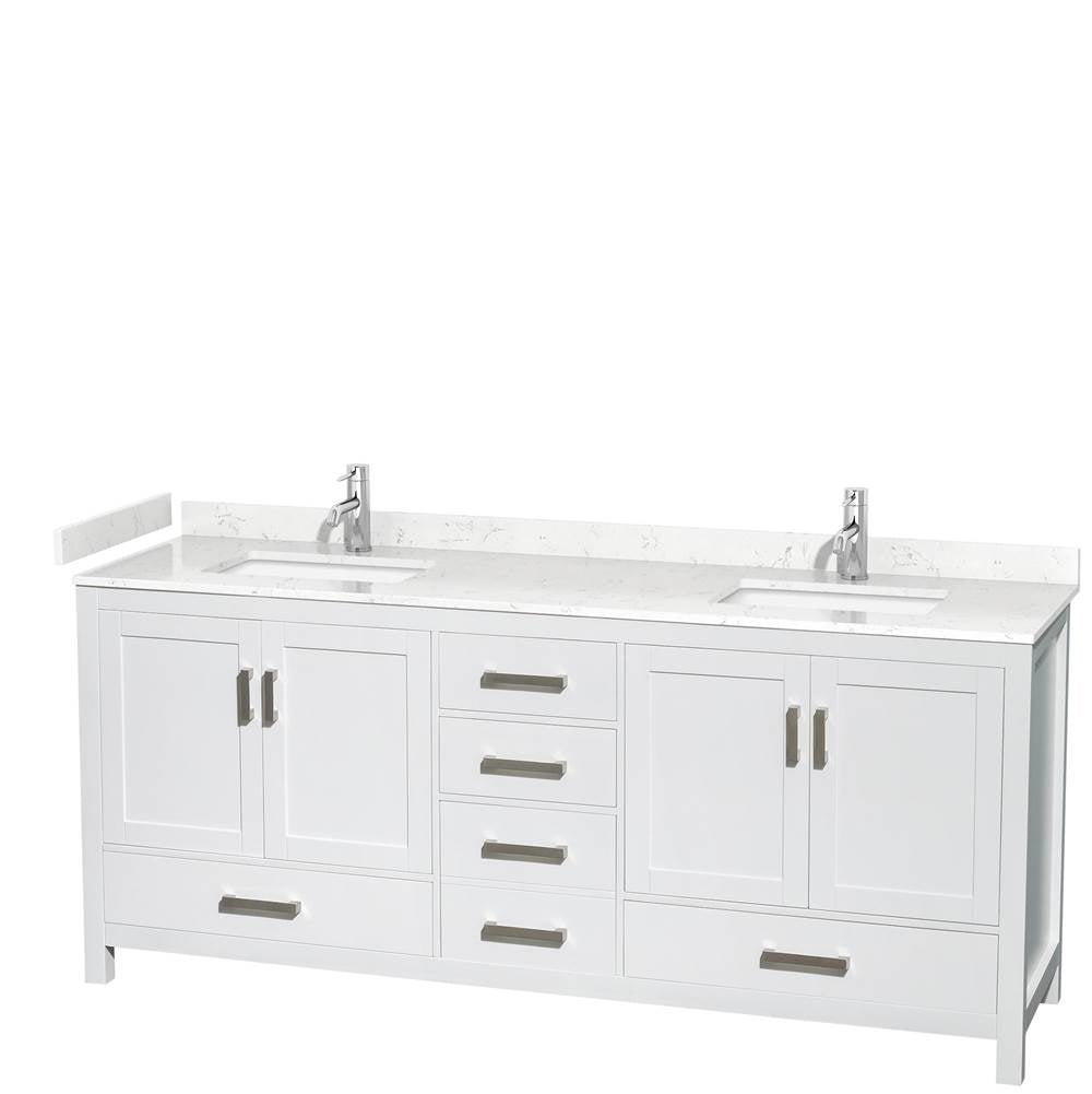 Wyndham Collection - Sheffield 80 Inch Double Bathroom Vanity in White, Carrara Cultured Marble Countertop, Undermount Square Sinks, No Mirror