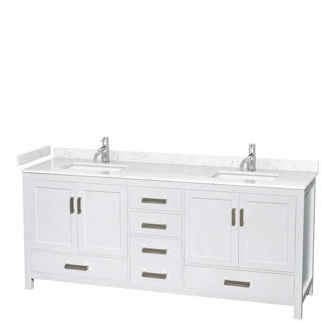 Wyndham Collection - Sheffield 80 Inch Double Bathroom Vanity in White, Carrara Cultured Marble Countertop, Undermount Square Sinks, No Mirror