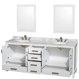Sheffield 80 Inch Double Bathroom Vanity in Espresso, White Carrara Marble Countertop, Undermount Oval Sinks, and 24 Inch Mirrors