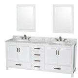 Wyndham Collection - Sheffield 80 Inch Double Bathroom Vanity in White, White Carrara Marble Countertop, Undermount Oval Sinks, and 24 Inch Mirrors - White