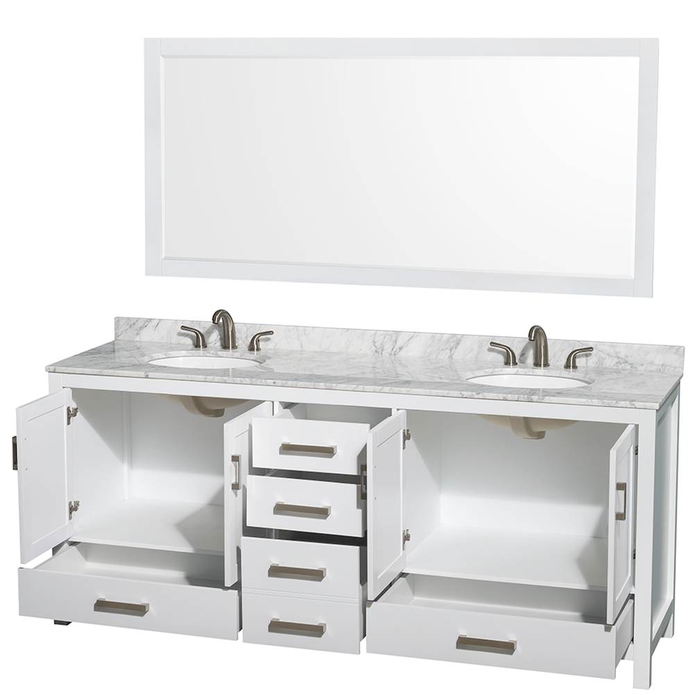 Sheffield 80 Inch Double Bathroom Vanity in Espresso, White Carrara Marble Countertop, Undermount Oval Sinks, and 70 Inch Mirror