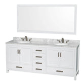 Wyndham Collection - Sheffield 80 Inch Double Bathroom Vanity in White, White Carrara Marble Countertop, Undermount Oval Sinks, and 70 Inch Mirror - White
