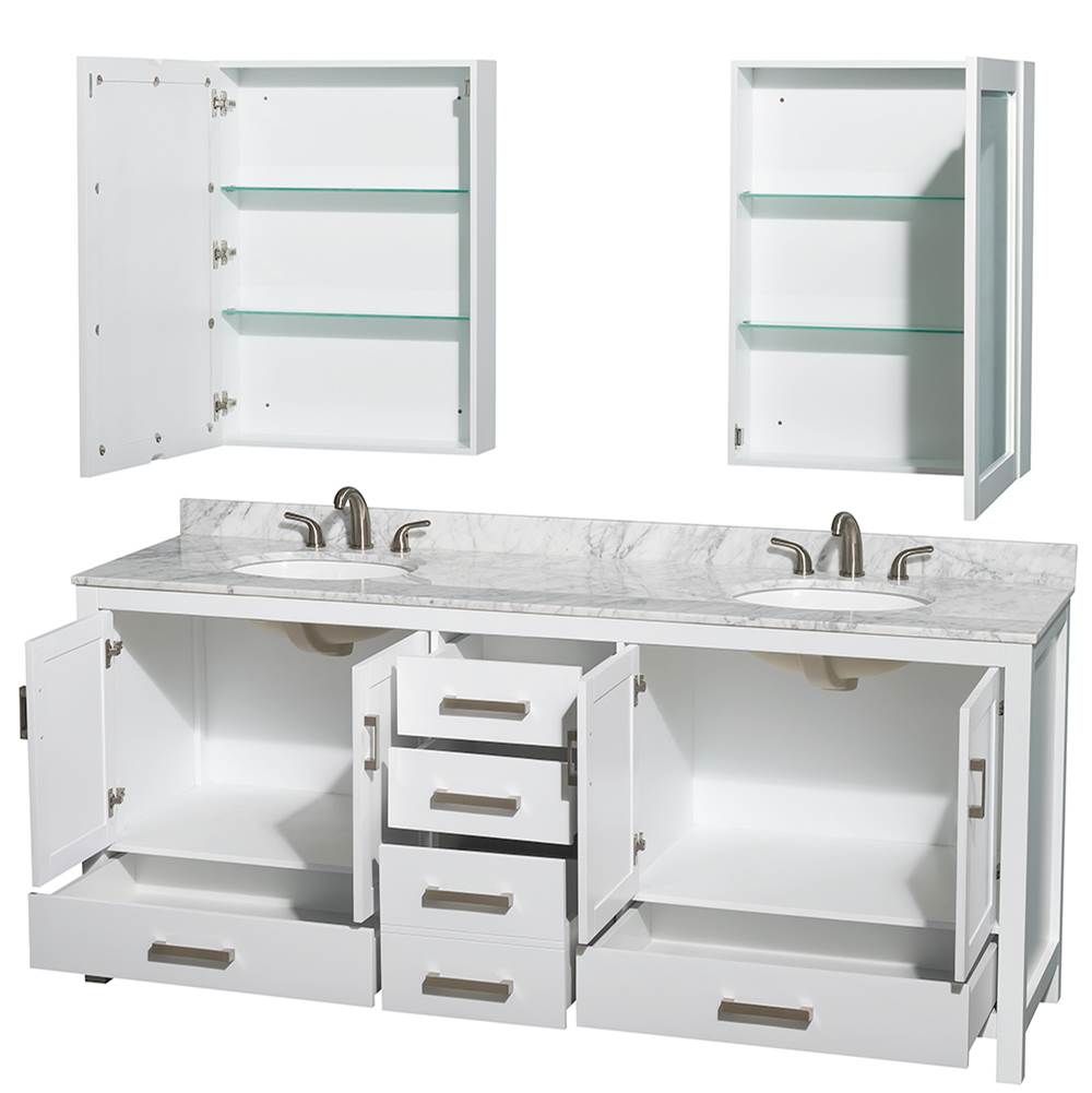 Sheffield 80 Inch Double Bathroom Vanity in Espresso, White Carrara Marble Countertop, Undermount Oval Sinks, and Medicine Cabinets