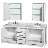 Sheffield 80 Inch Double Bathroom Vanity in Espresso, White Carrara Marble Countertop, Undermount Oval Sinks, and Medicine Cabinets