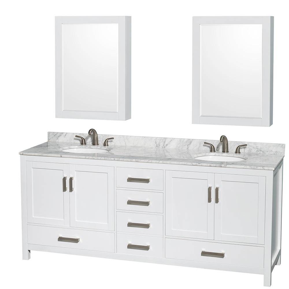 Wyndham Collection - Sheffield 80 Inch Double Bathroom Vanity in White, White Carrara Marble Countertop, Undermount Oval Sinks, and Medicine Cabinets - White