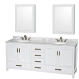 Wyndham Collection - Sheffield 80 Inch Double Bathroom Vanity in White, White Carrara Marble Countertop, Undermount Oval Sinks, and Medicine Cabinets - White