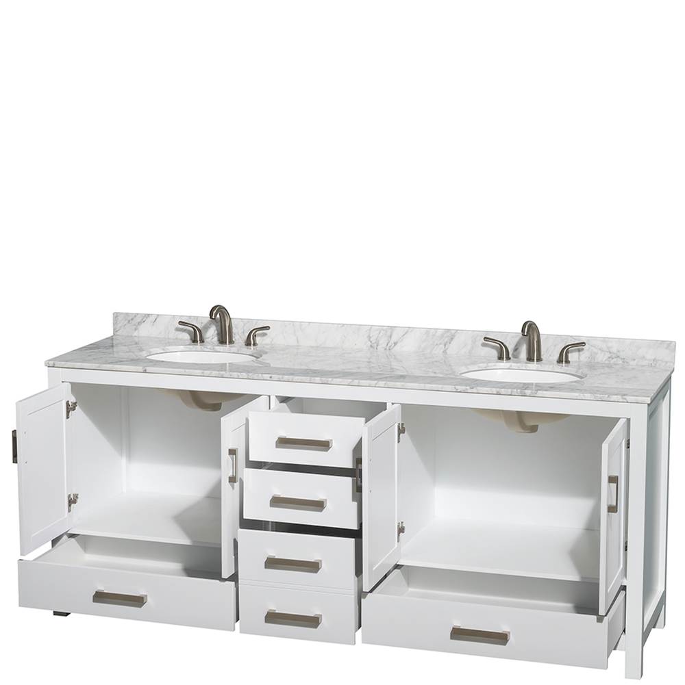 Sheffield 80 Inch Double Bathroom Vanity in Espresso, White Carrara Marble Countertop, Undermount Oval Sinks, and No Mirror