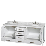 Sheffield 80 Inch Double Bathroom Vanity in Espresso, White Carrara Marble Countertop, Undermount Oval Sinks, and No Mirror